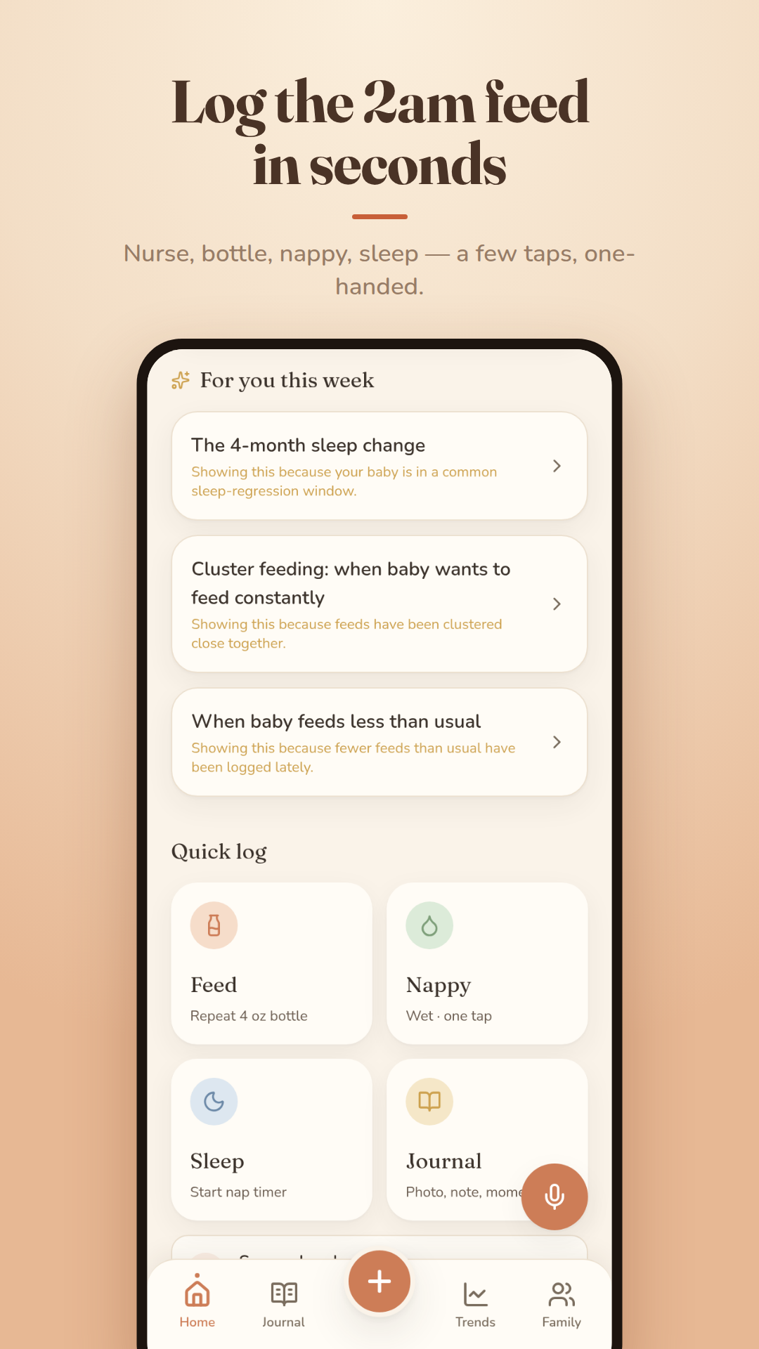 Cocoon home screen: a quick-log grid for nurse, bottle, nappy and sleep — log the 2am feed in seconds.