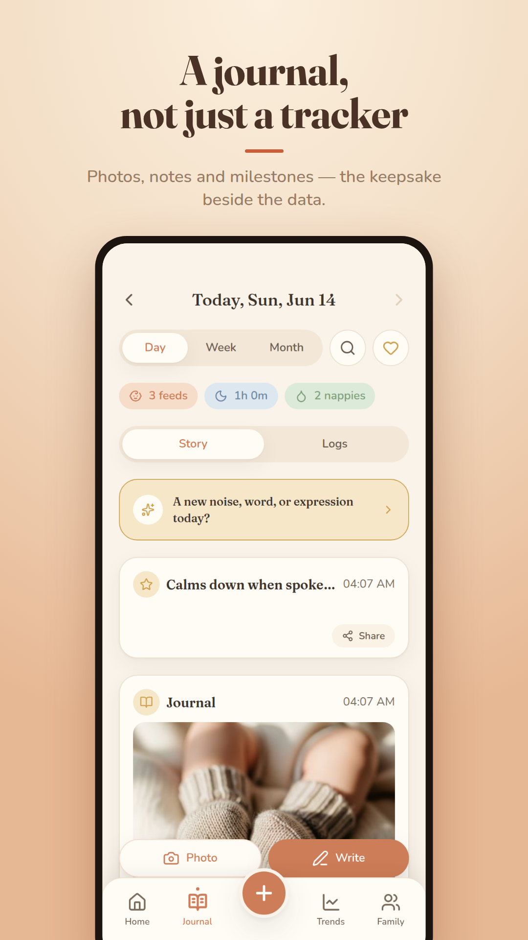 Cocoon photo journal: a fullscreen baby photo — a keepsake, not just a tracker.