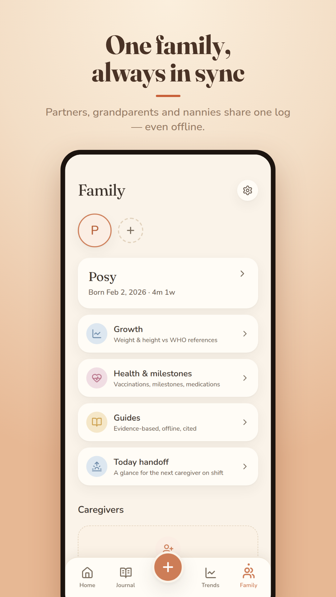 Cocoon family sharing: partners, grandparents and nannies share one live log.