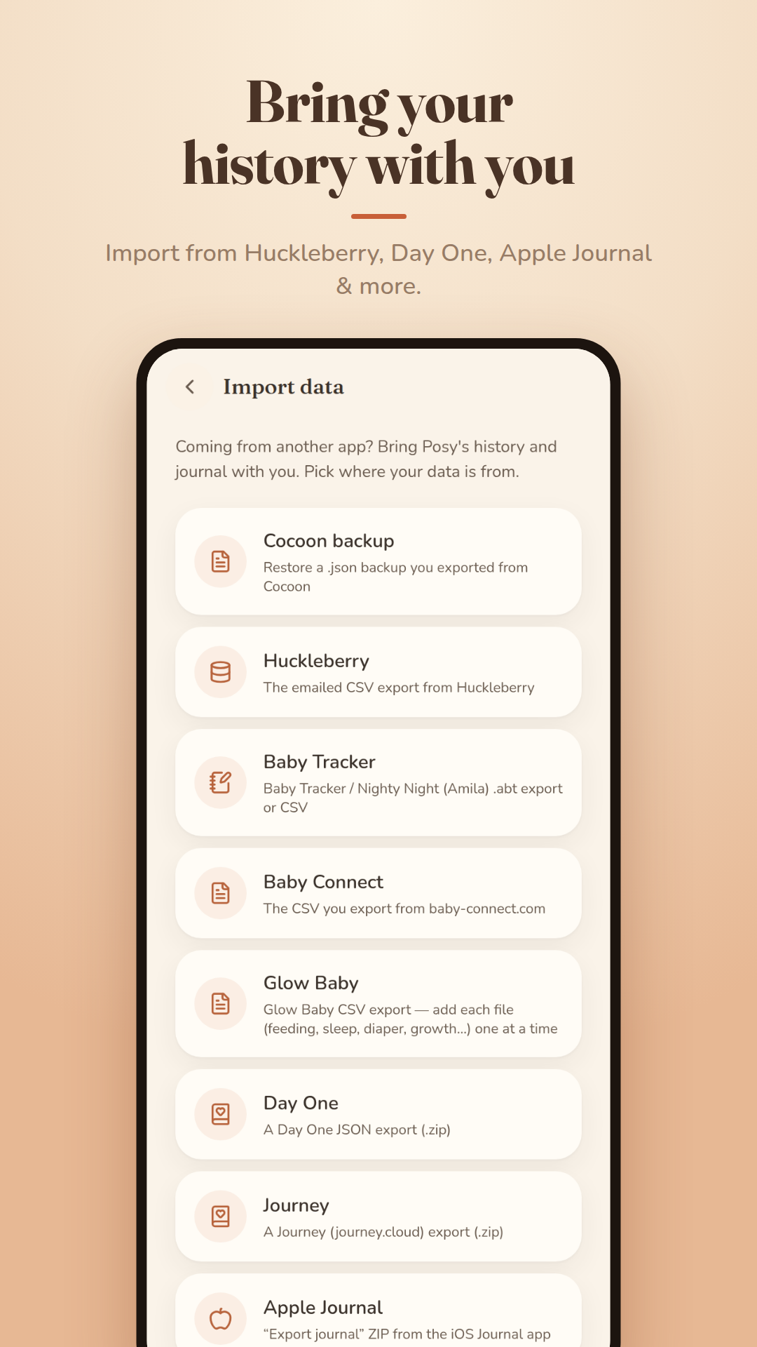 Cocoon import: bring your history from Huckleberry, Day One, Apple Journal and more.